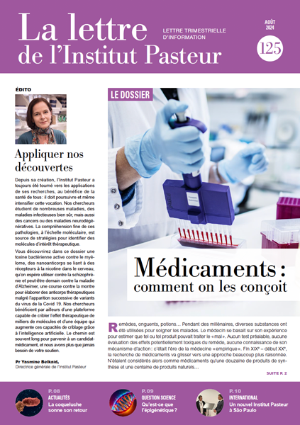 Couverture de la LIP Médicaments : comment on les conçoit ? Lettre de l'Institut Pasteur aout 2024