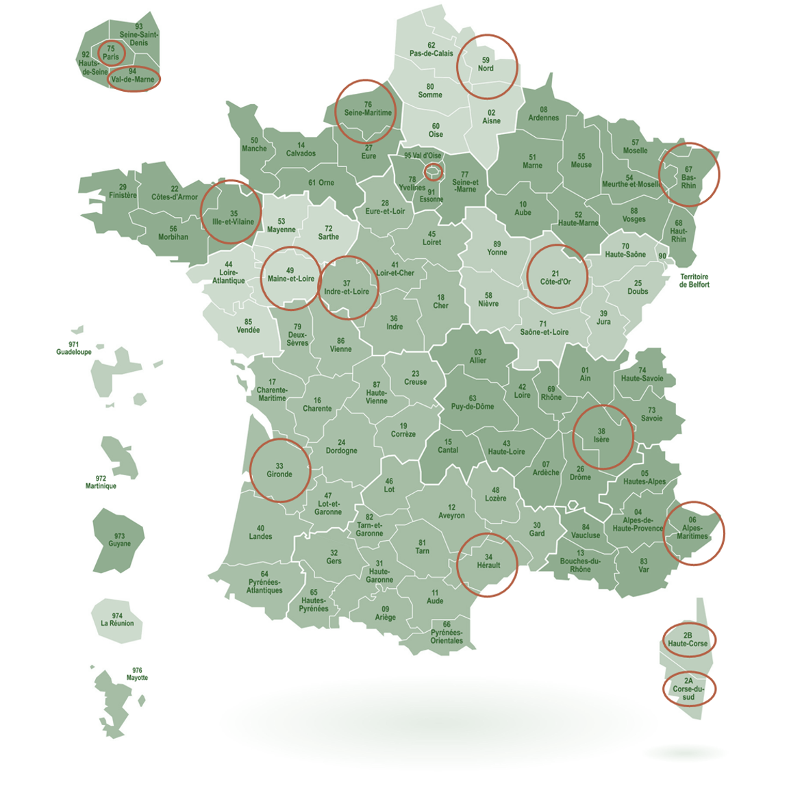 Carte des zones de collecte de moustiques-tigres - Institut Pasteur