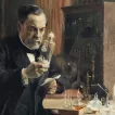 « Pasteur dans son laboratoire » (1885), détail. Huile sur toile (réplique) peinte par Albert Edelfelt (1854-1905) et Hélène Schjerfbeck (1862-1946) en 1885 montrant Louis Pasteur (1822-1895) dans son laboratoire de l'Ecole normale supérieure en 1885 tenant un flacon contenant de la moelle épinière d'un lapin inoculé par le virus de la rage.