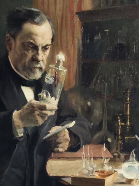 « Pasteur dans son laboratoire » (1885), détail. Huile sur toile (réplique) peinte par Albert Edelfelt (1854-1905) et Hélène Schjerfbeck (1862-1946) en 1885 montrant Louis Pasteur (1822-1895) dans son laboratoire de l'Ecole normale supérieure en 1885 tenant un flacon contenant de la moelle épinière d'un lapin inoculé par le virus de la rage.