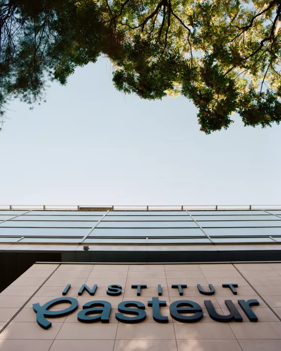 Logo 2025 de l'Institut Pasteur sur la façade du Centre d'Information Scientifique (CIS).