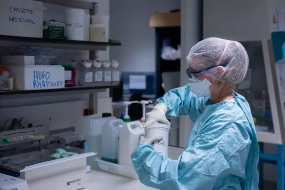 Reportage dans l'unité HIV, Inflammation et Persistance virales. Test fonctionnel sur les NK (Natural Killer) de personnes vivant avec le VIH (manipulation réalisée en laboratoire P2+).