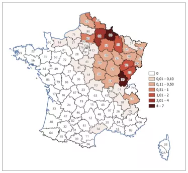 Incidence annuelle moyenne par département des cas d'infection par un hantavirus