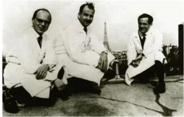 Édouard Drouhet, François Mariat et Gabriel Segretain sur le toit de l’Institut Pasteur, Paris en 1954