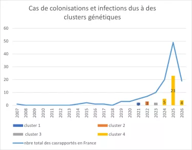 Cas de colonisation et d'infections dus à des clusters génétiques