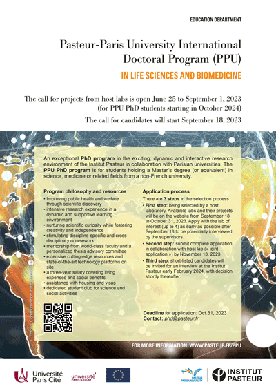 Call 2024 Pasteur - Paris University International Doctoral Program 5PPU)