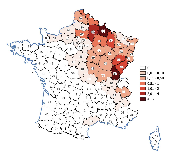 Carte France - CNR-Hantavirus-IP-2012-2024