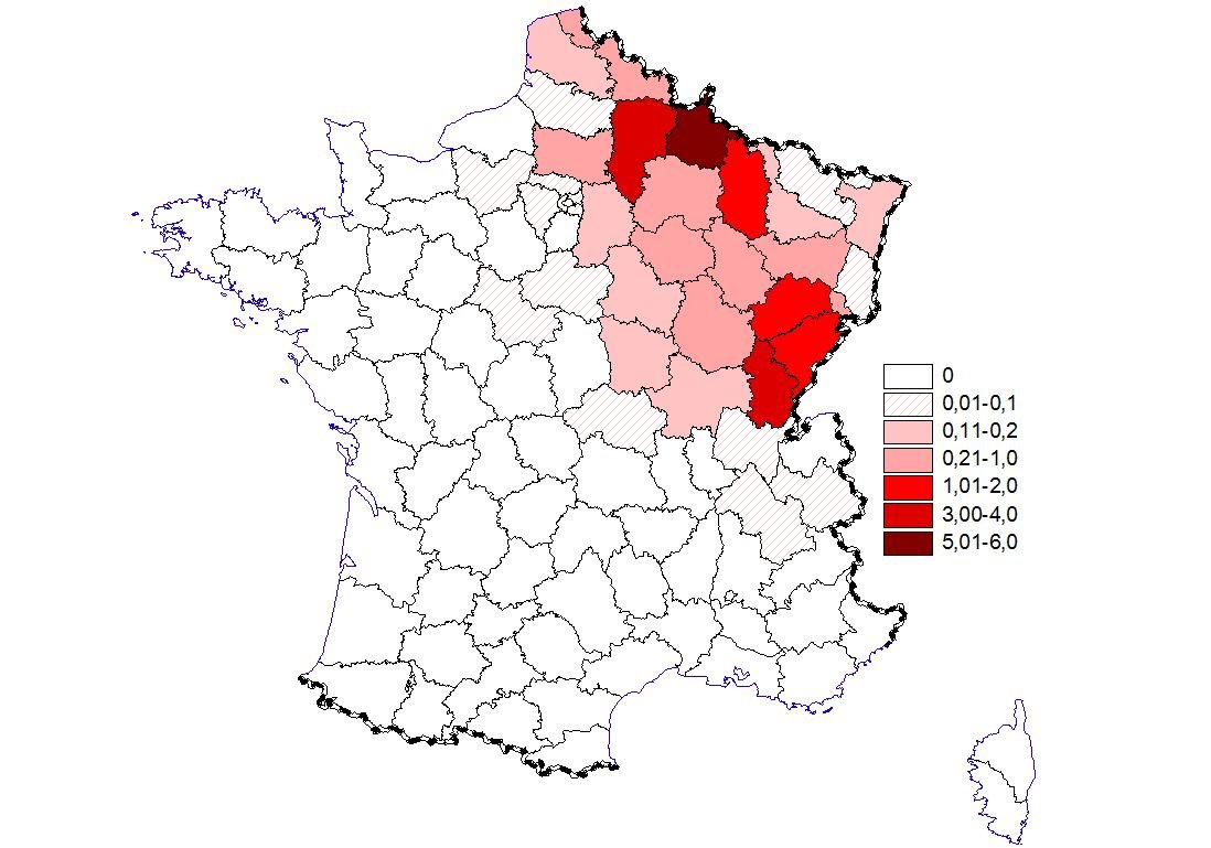 Incidence annuelle moyenne (pour 100 000 habitants) par département des cas d'infection par un hantavirus (France métropolitaine, 2012-2020)