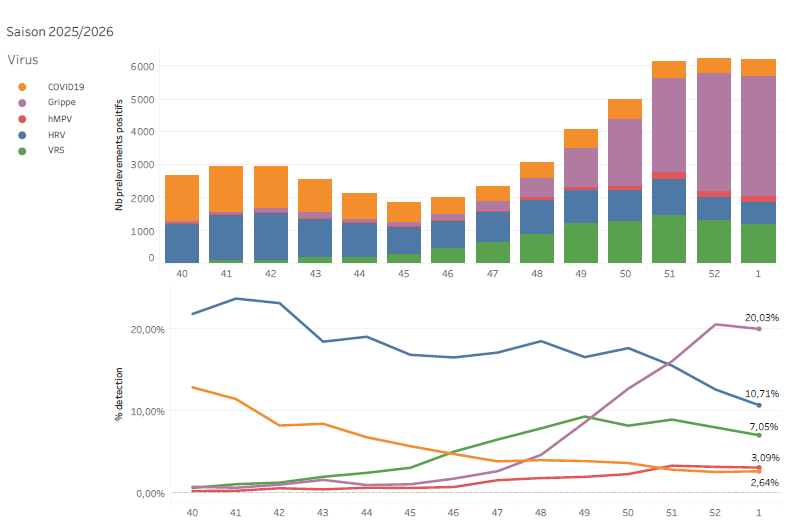 Circulation des virus respiratoires données hospitalières Semaine 01 2026